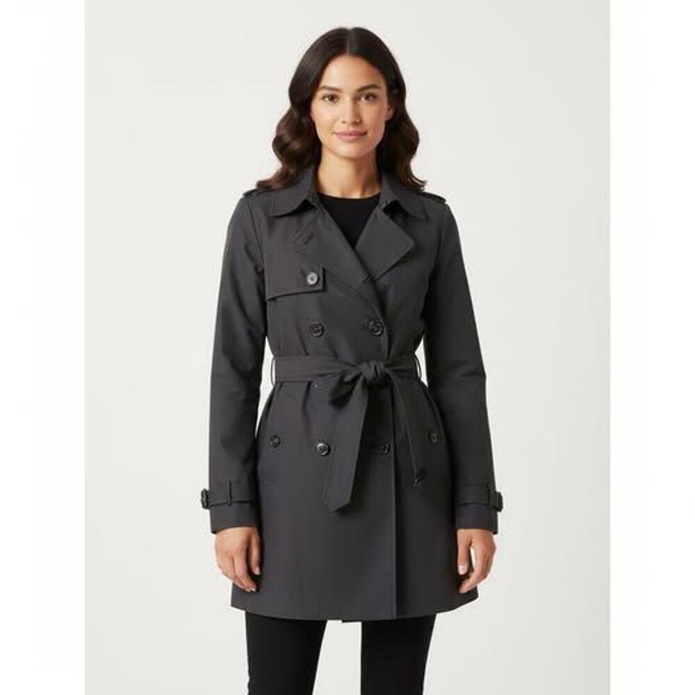 Women’s Classic Black Trench Coat Size Large Elegant Long Lightweight Jacket